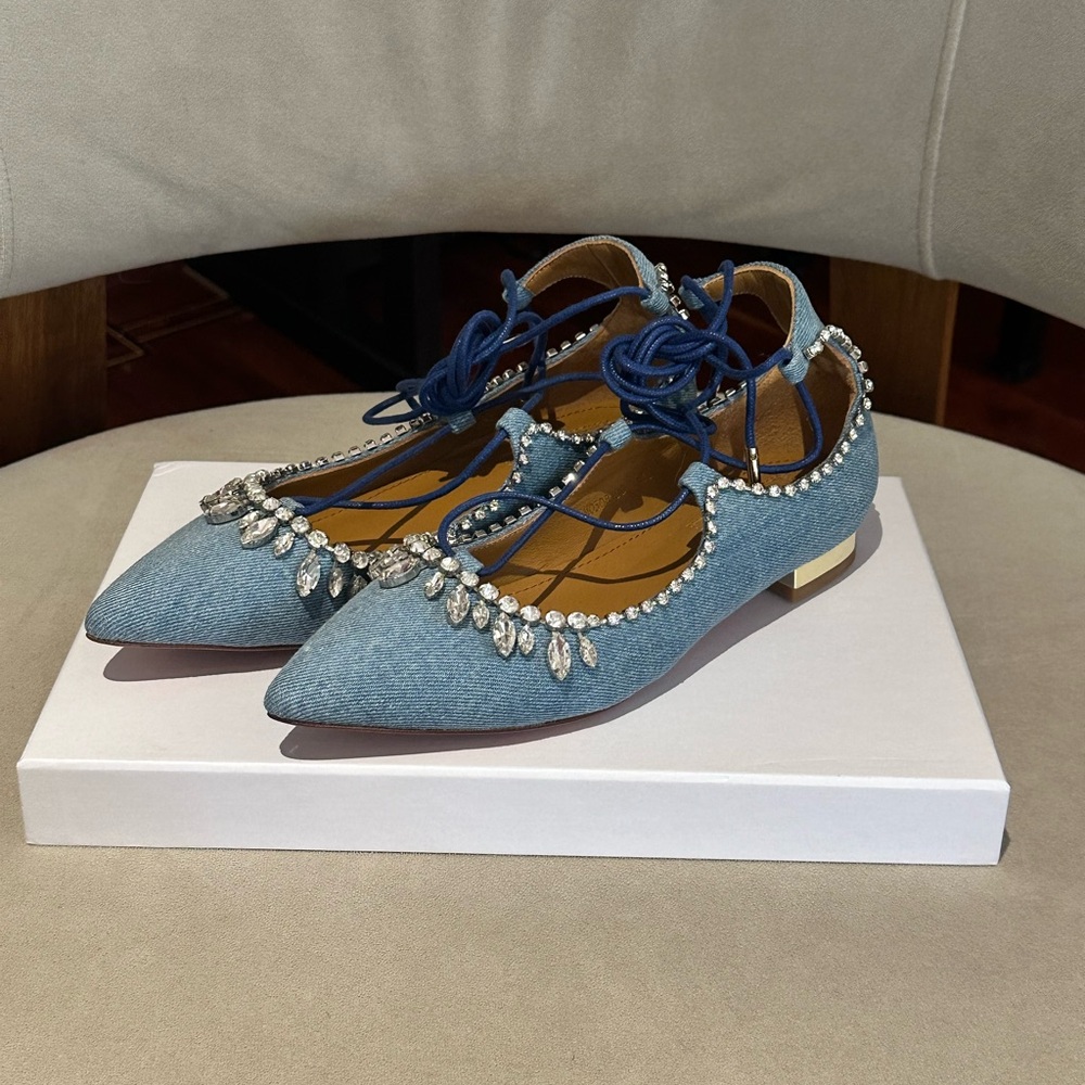 Beautiful Aquazzura Crystal Jean Lace up Ballet Flat